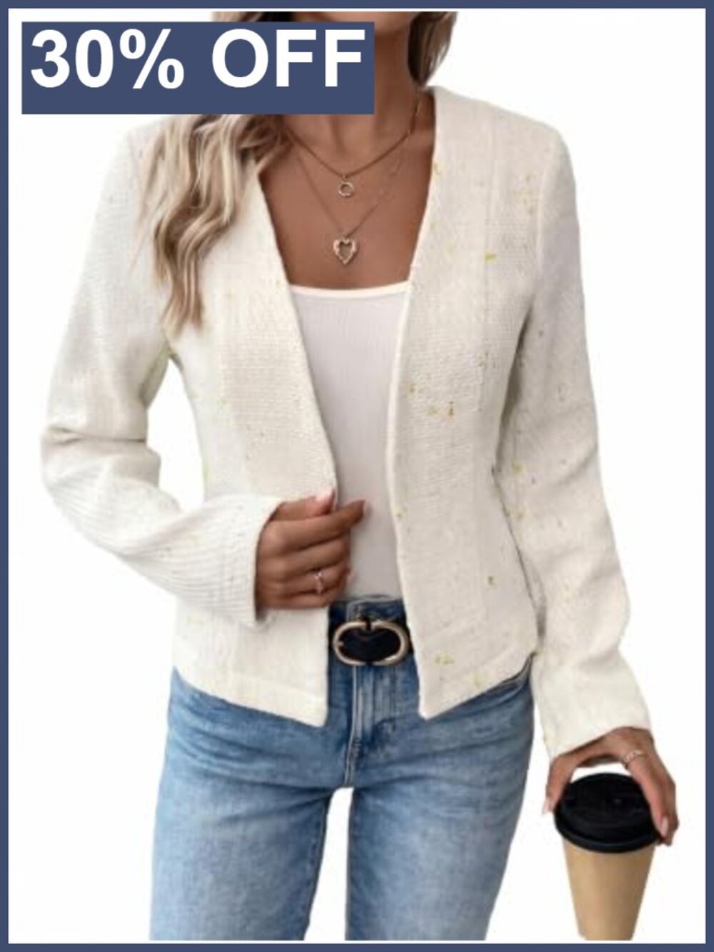 Tweed Blazer Open Front Cropped Work Jacket Slim Fit Business Casual